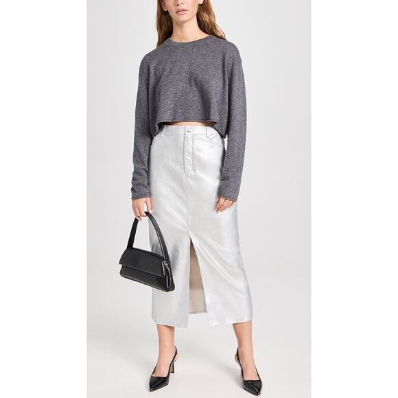 WAYF Silver Vegan Leather Midi Skirt | Metallic Faux Leather | Size XS - Picture 1 of 8